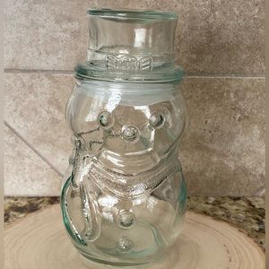 Vintage Libbey Snowman Clear Glass Candy Cookie Canister Jar Sealed Tight Lid